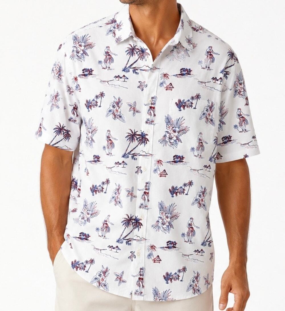Tommy Bahama White Tropical Hula Girl Palm Tree Button Up Shirt Men’s Size Large